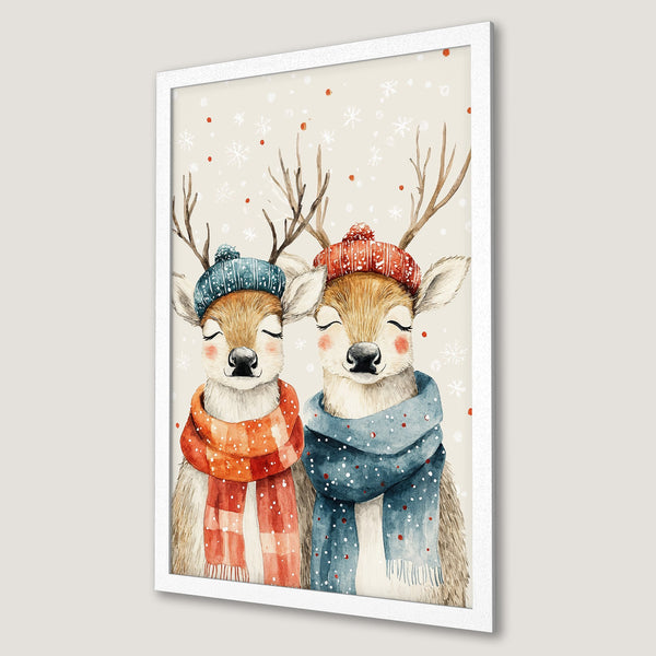 Framed Poster featuring watercolor deer in winter hats and scarves, warm color palette. Perfect for holiday decor!