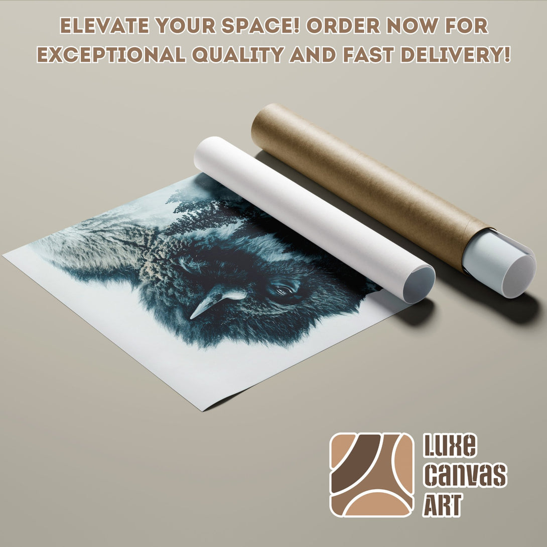 Poster Roll featuring a bison in teal and gray tones, perfect wall art.