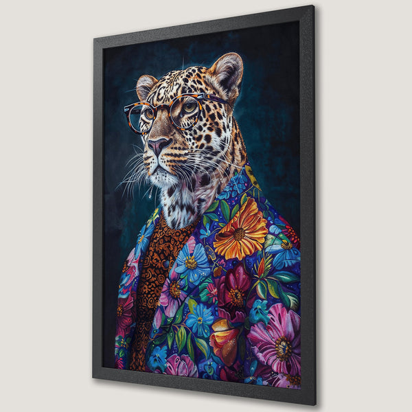 Framed Poster featuring a stylish leopard in a floral jacket. Vibrant colors pop against a dark background. Unique art for your home!