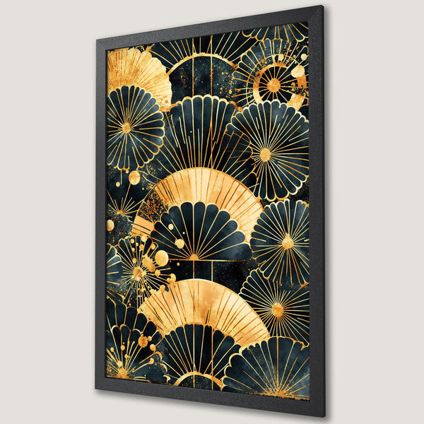 Framed Poster featuring a gold and navy abstract floral design, perfect for modern home decor.