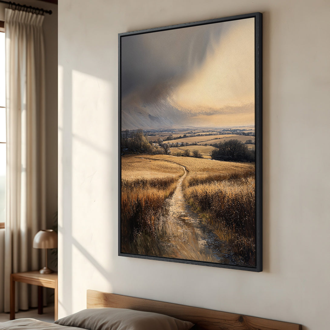 Framed Wall Art: Landscape Canvas Print in warm tones. Rustic painting of a field with a path. Perfect for adding a touch of nature to your home decor.