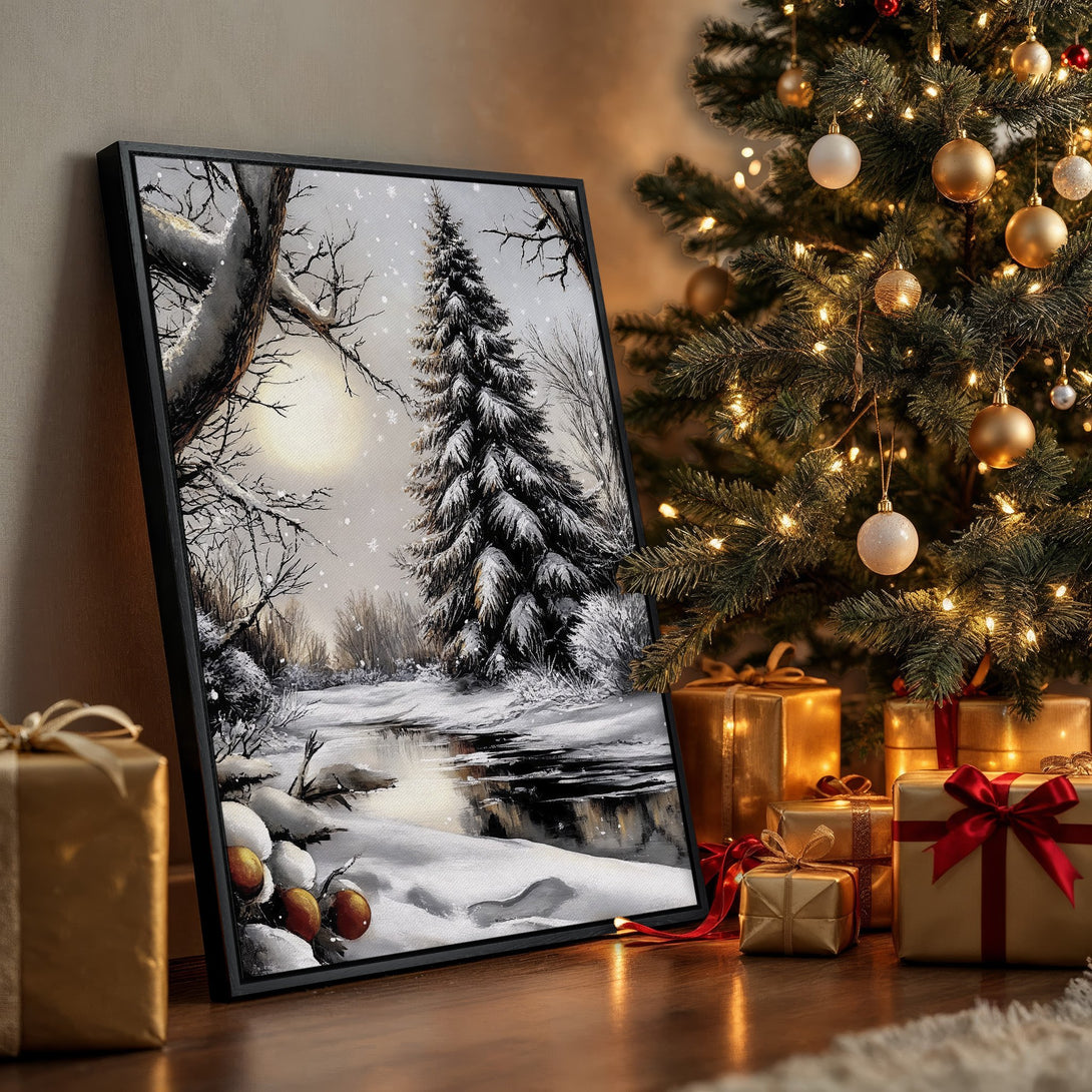 Framed Wall Art: Winter landscape canvas print in monochrome tones. Perfect for holiday decor, adding a touch of elegance to any room. Shop now!