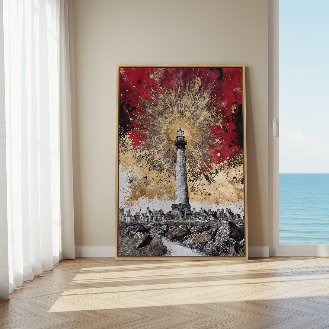 Framed Wall Art featuring a lighthouse illustration with a red and gold splash design. Perfect coastal decor for your home!