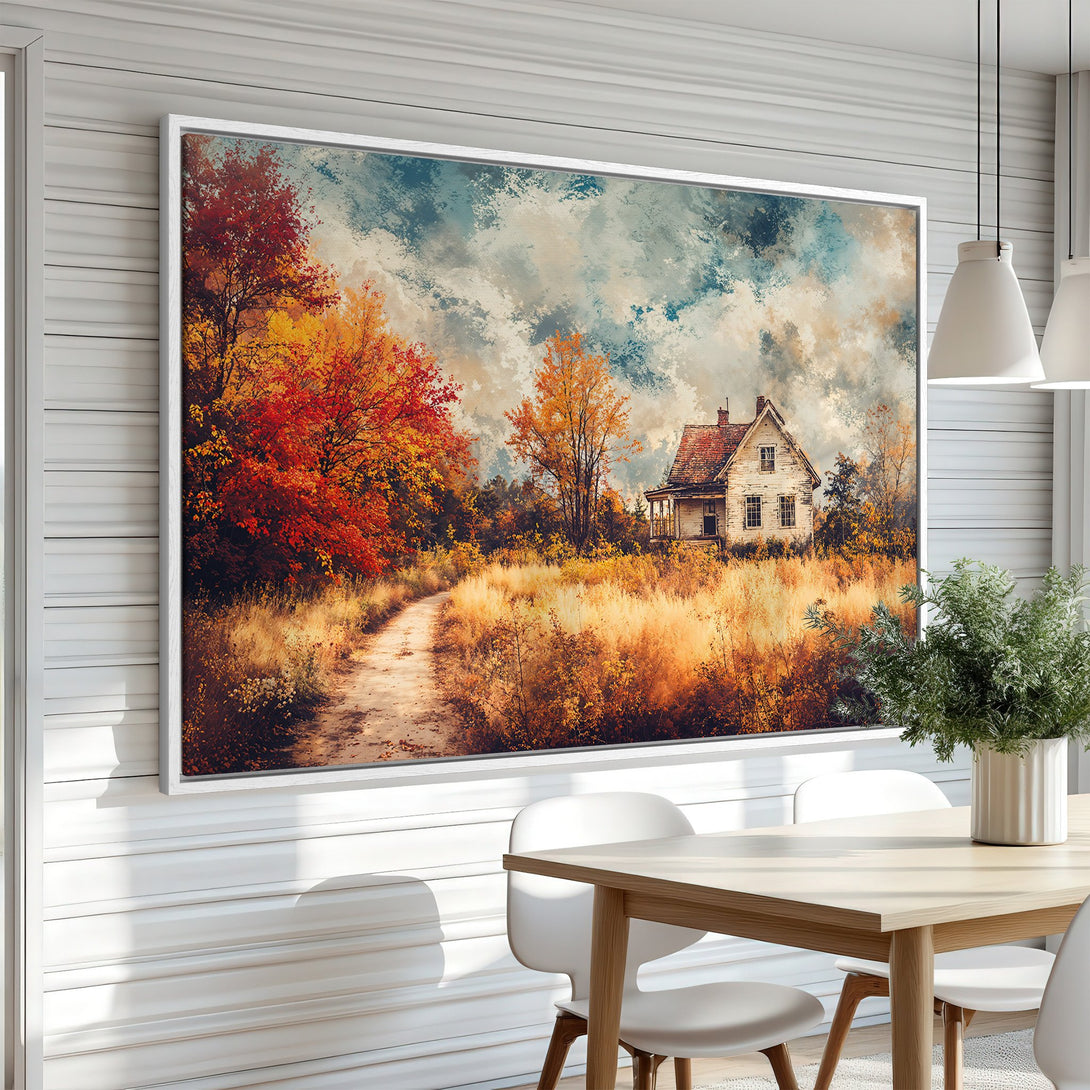 Framed Wall Art: Autumn landscape Canvas Print. Rustic farmhouse scene with vibrant red, orange, and yellow fall foliage. Warm, inviting color palette for home decor.