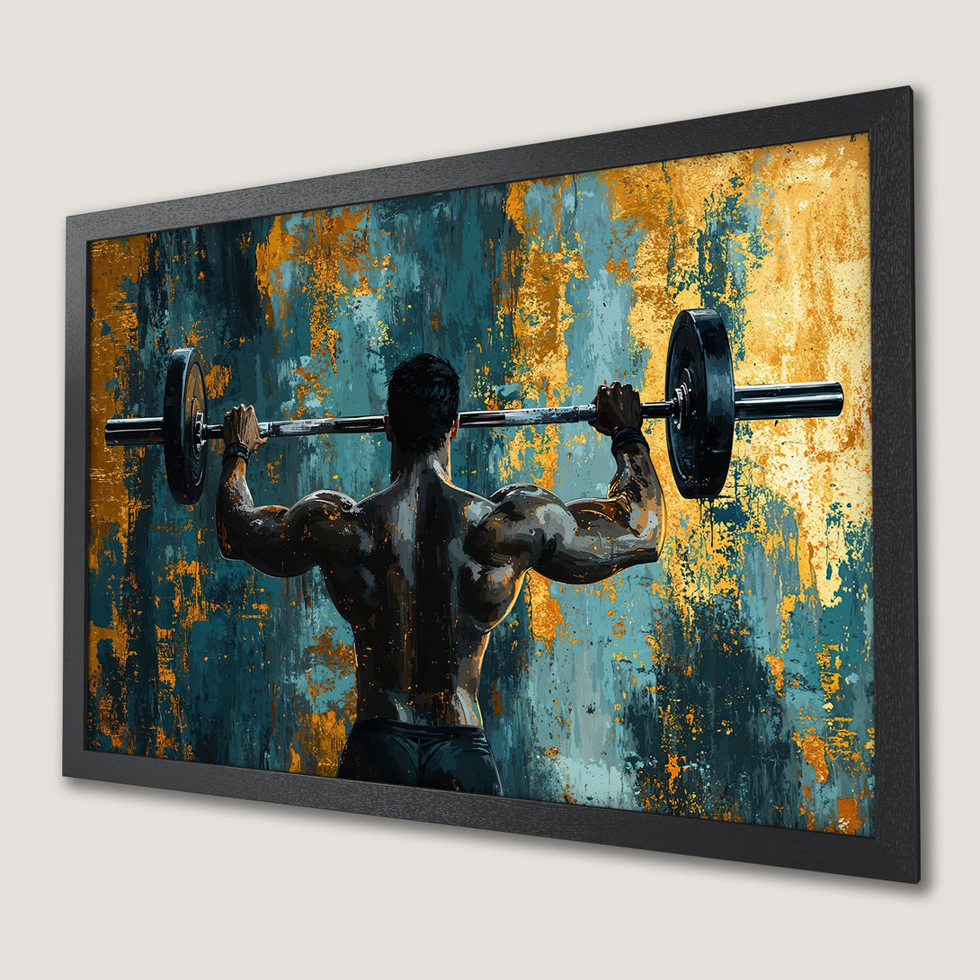 Framed Poster of a bodybuilder lifting weights. Abstract art style with teal, gold, and black color palette. Perfect gym decor.