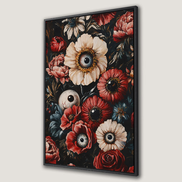 Framed Wall Art featuring a gothic floral design with eyes, in a dark, moody palette of red, white, and black. Perfect for unique home decor.