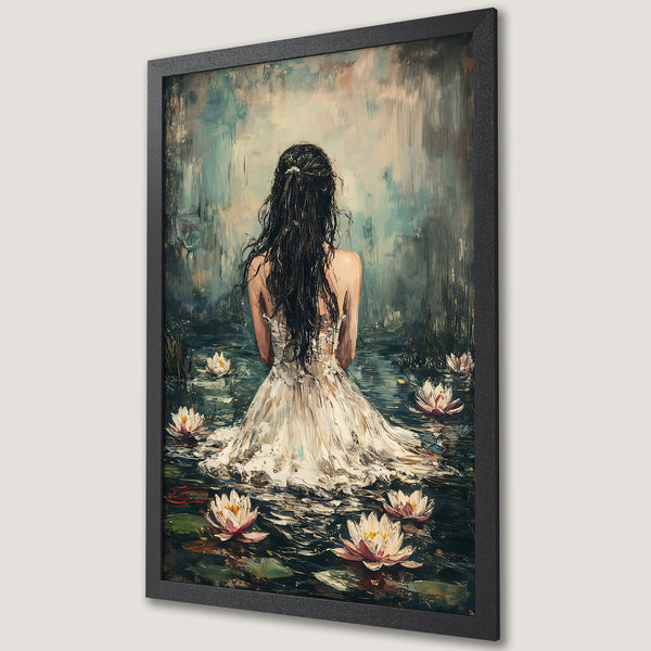 Framed Poster featuring a woman in a white dress surrounded by water lilies, serene art with a muted color palette.