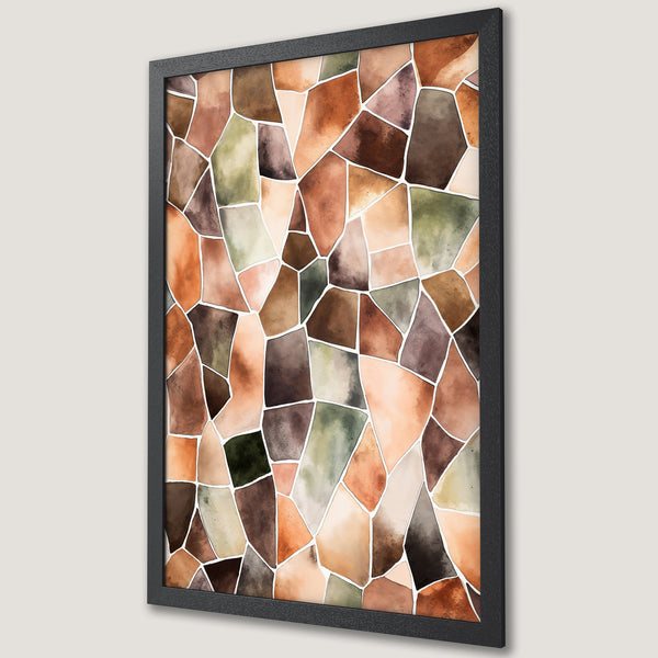 Framed Poster featuring a watercolor mosaic design in earthy tones of brown, orange, and green. Perfect wall art for modern decor.