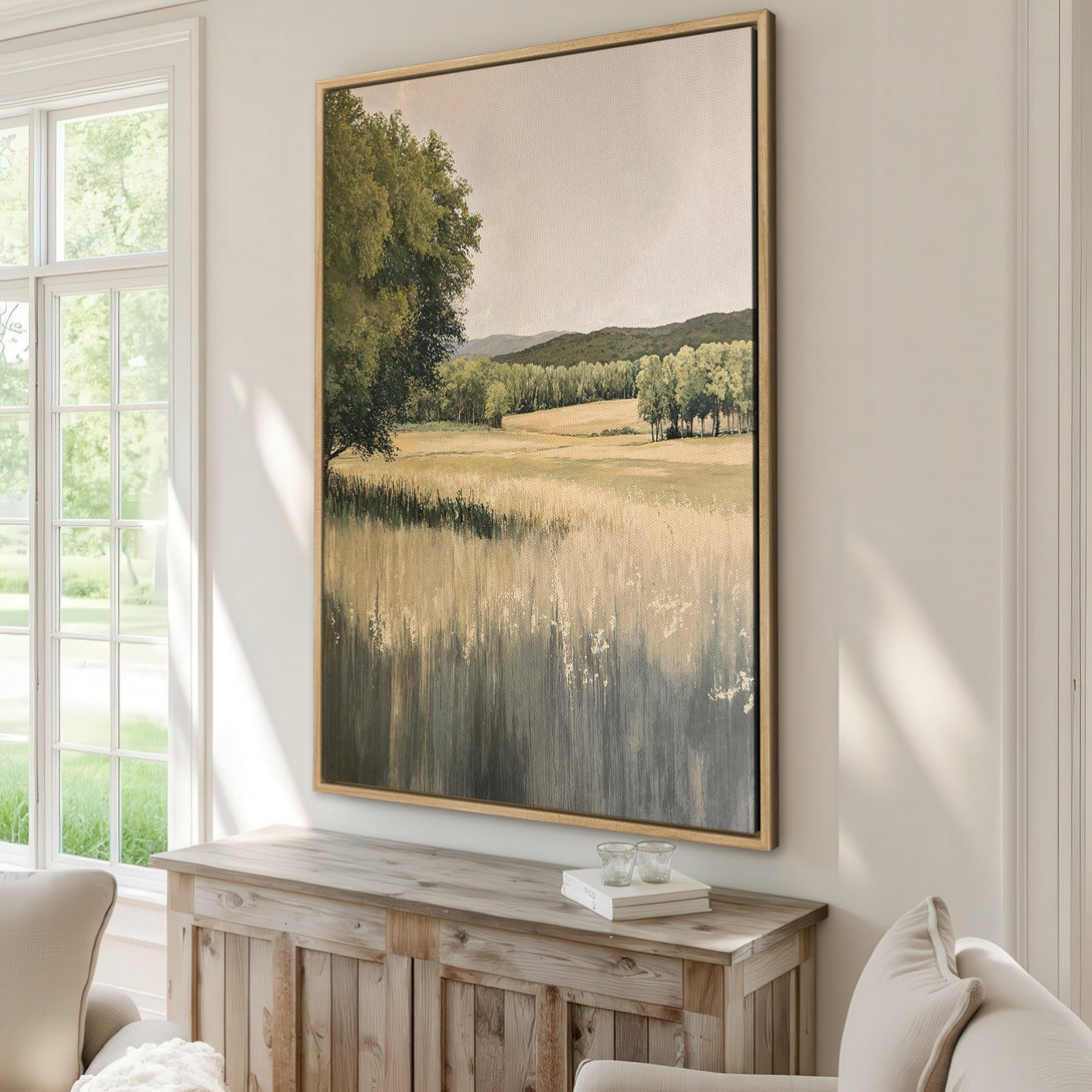 Framed Wall Art: Landscape painting with neutral tones. Features a field, trees, and mountains. Perfect for adding a touch of nature to your home decor.