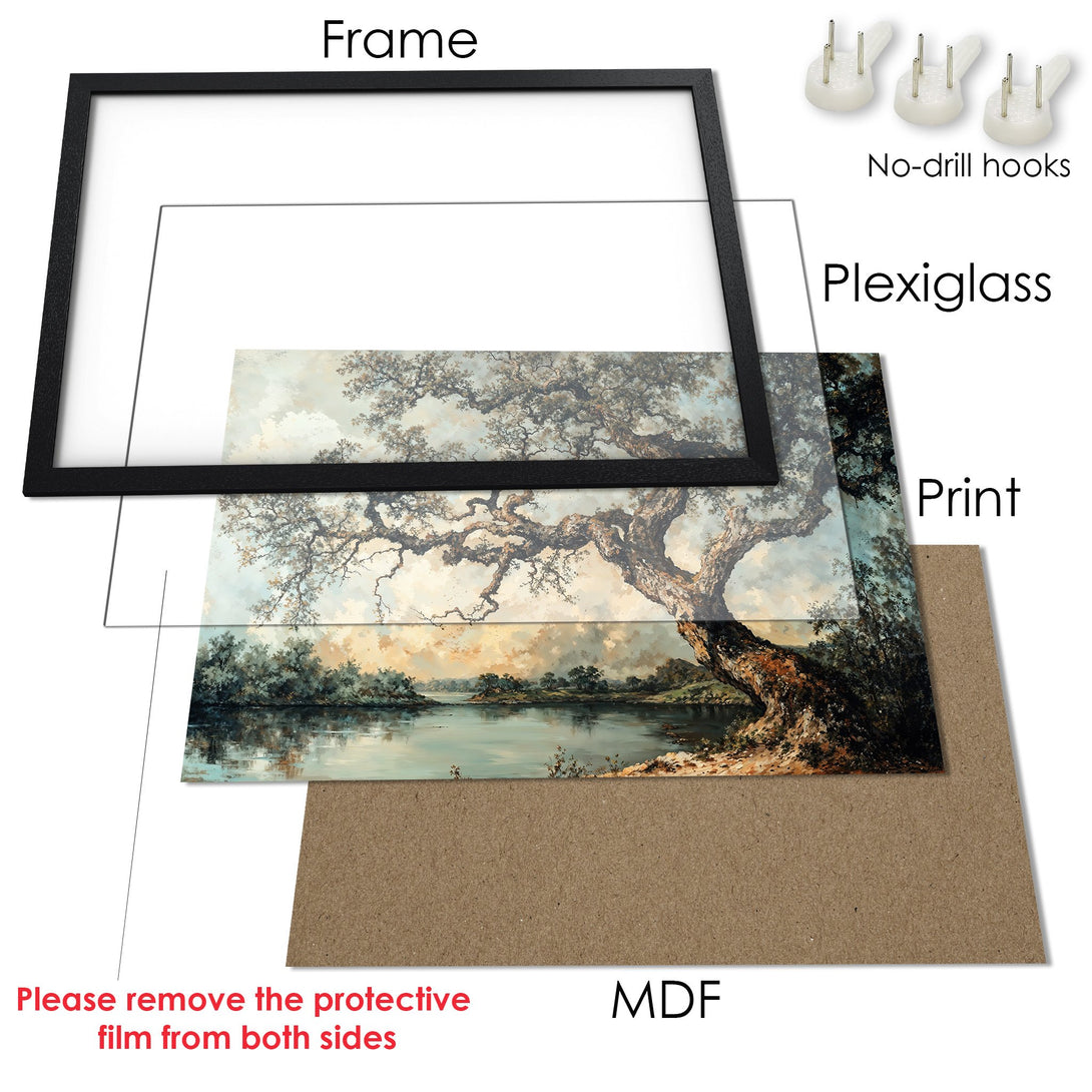 Framed Poster of a serene landscape painting with a muted color palette. Add art to your home!