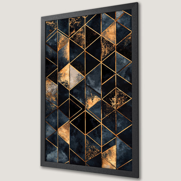 Framed Poster: Geometric abstract art with navy, gold, and black color palette. Modern wall decor for any room.