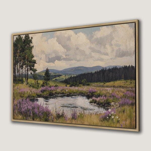 Canvas Print of a serene landscape painting with a pond, purple flowers, and a natural color palette. Framed wall art for home decor.
