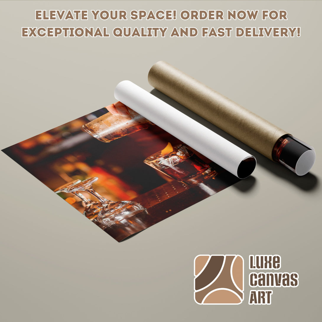 Poster Roll featuring a bar scene in warm, rich tones. Perfect wall art!