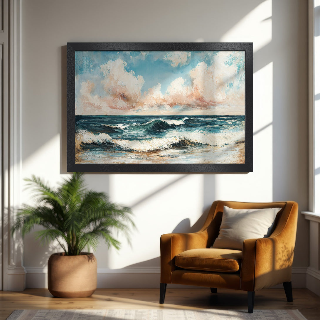 Framed Poster featuring an ocean scene in blue, teal, and peach hues. Coastal art print perfect for home decor.