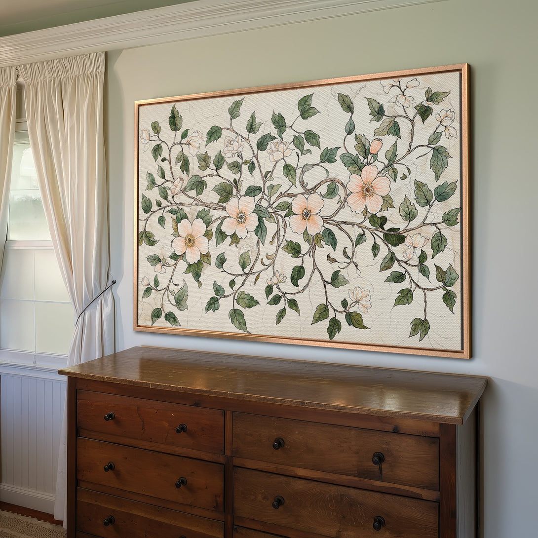Framed Wall Art featuring a floral design in a vintage style. Soft peach and green hues create a calming aesthetic. Perfect for adding elegance to any space.