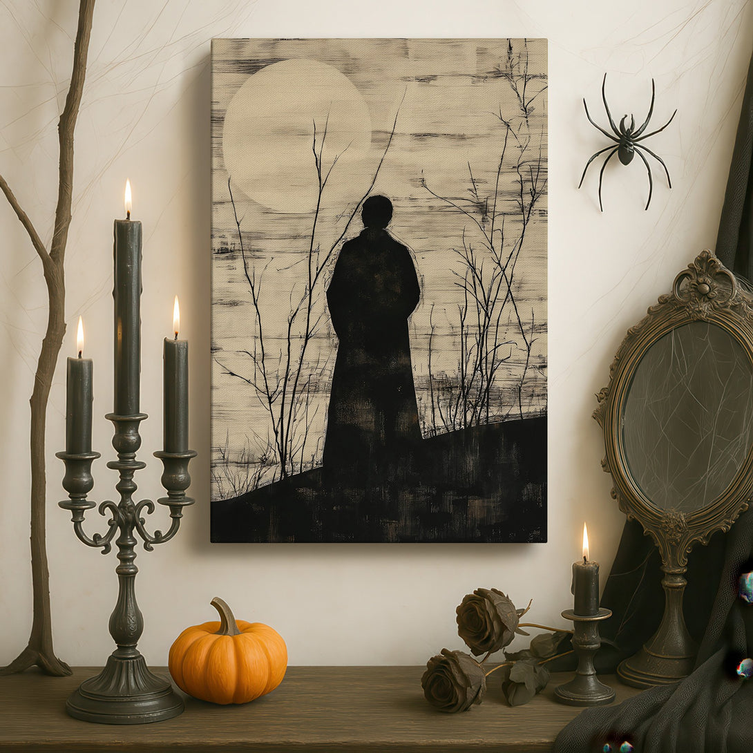 Framed Wall Art: Silhouette figure canvas print in a moody, monochrome palette. Adds a touch of sophistication to any interior space.