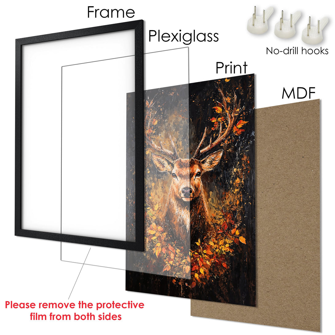Framed Poster featuring a majestic deer in an autumn forest. Artistic style with warm, earthy tones of brown, orange, and black. Ready to hang!