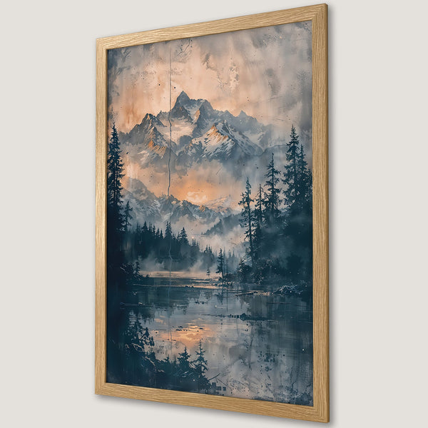 Framed Poster featuring a serene mountain landscape art print. Watercolor style with blue, grey, and orange tones. Perfect wall decor.