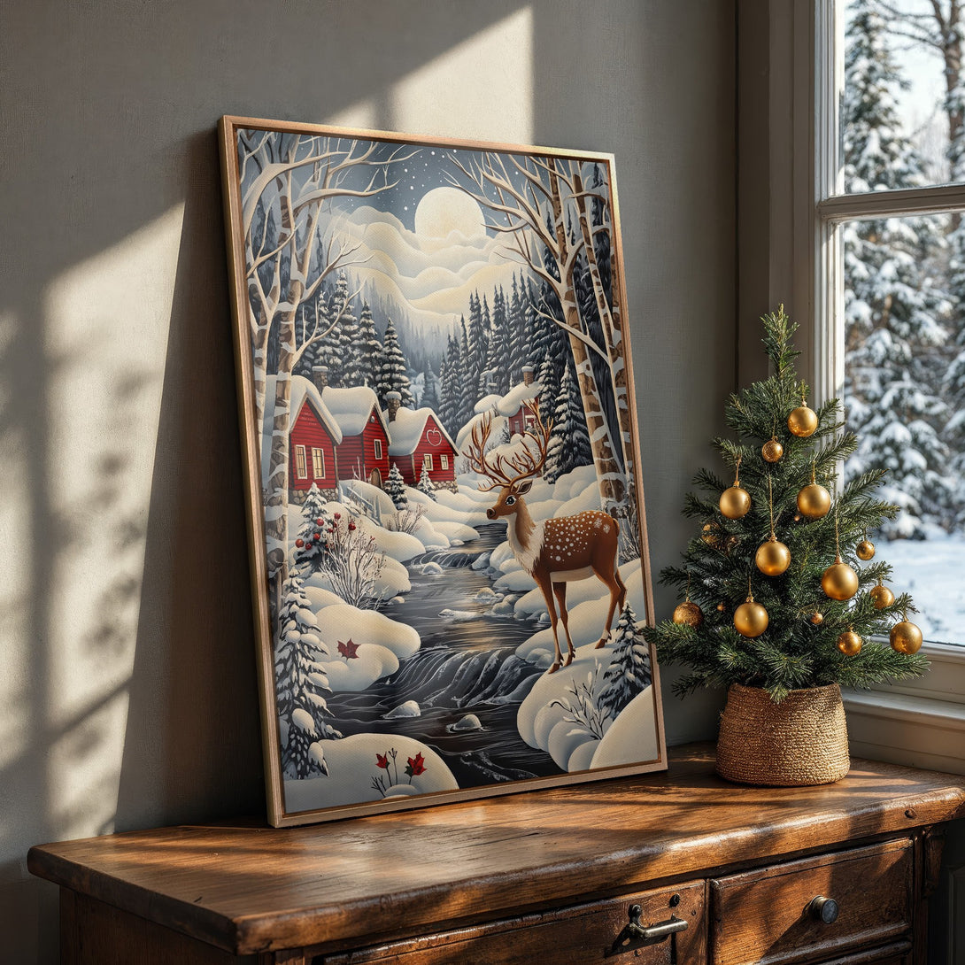 Framed Wall Art: Winter scene with deer, red cabins, and snowy landscape. Cozy, illustrative style with a cool blue and warm red color palette. Perfect for holiday decor.