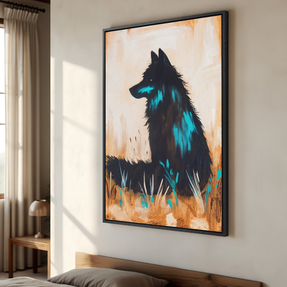 Framed Wall Art: Abstract wolf painting in black and teal, earthy tones. Modern canvas print for living room or bedroom decor.