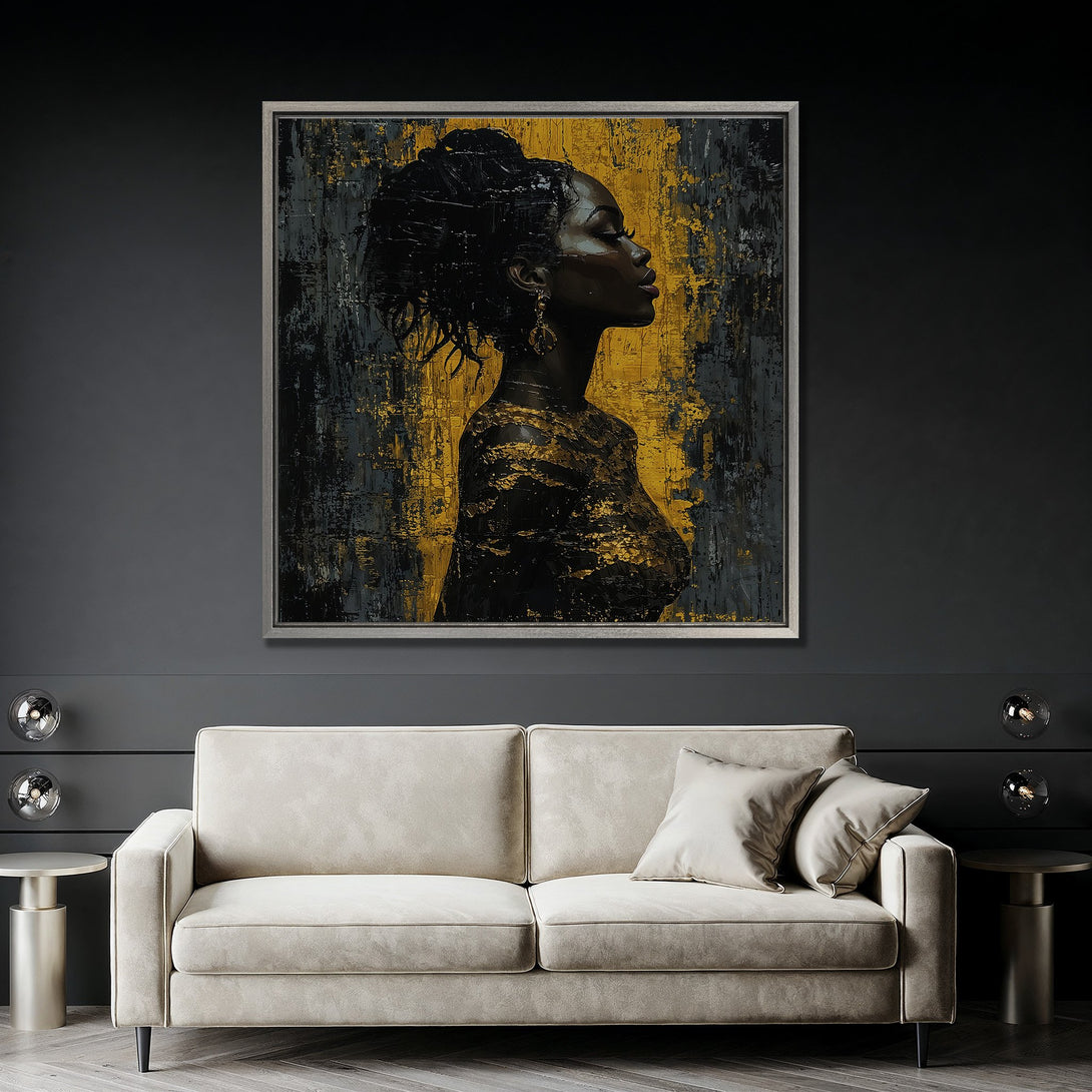 Framed Wall Art: Abstract portrait of a woman in black and gold. Dramatic canvas print in a modern interior with a neutral color palette.