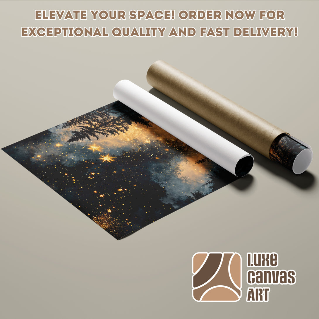 Poster Roll featuring a starry night scene in a dark blue and gold color palette. Perfect art for your space! Order now!