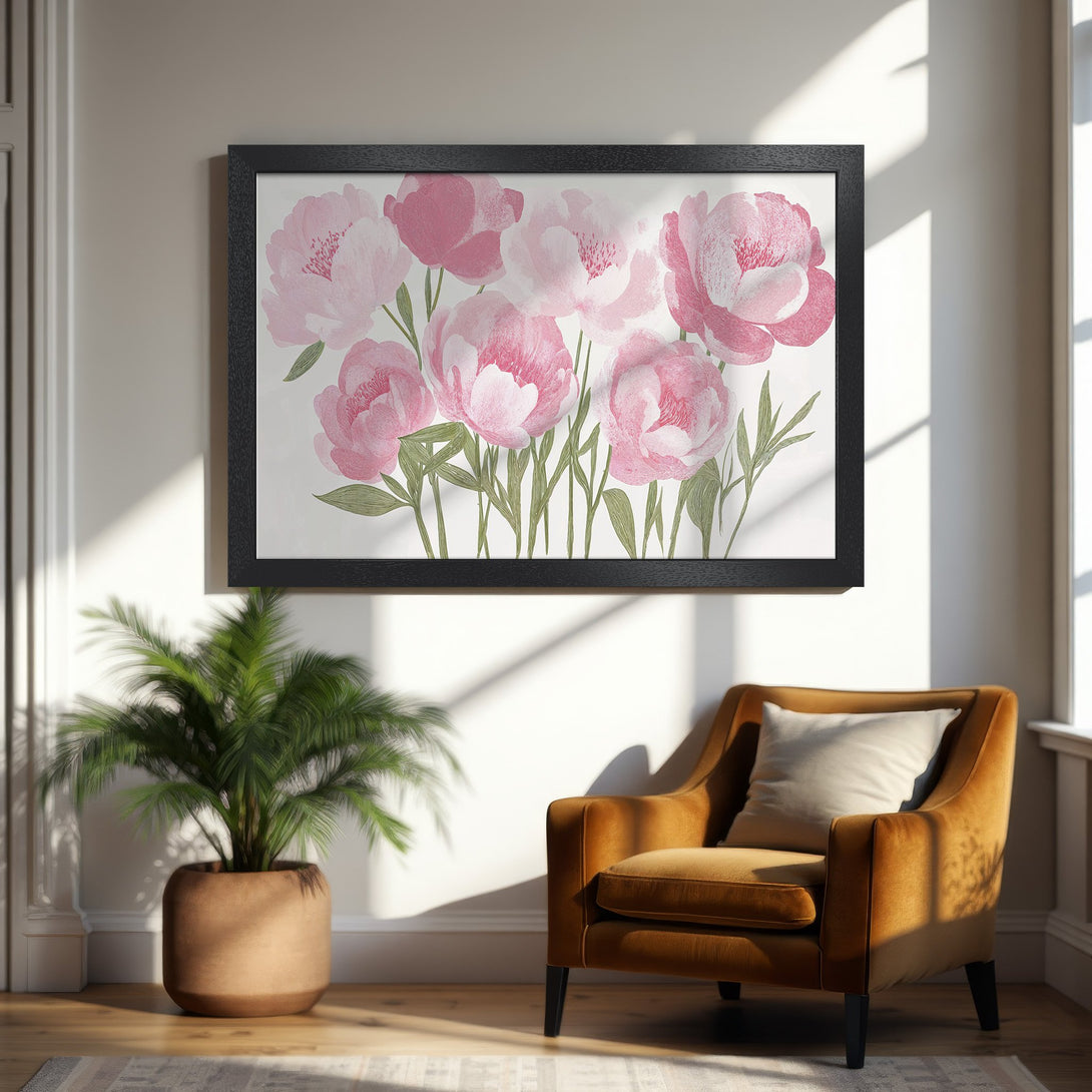 Framed Poster featuring watercolor pink peony flowers. Elegant floral art in a soft, romantic style. Perfect for adding a touch of beauty to any room.