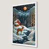 Magical Winter Night Art Poster: Snowy Cabin and Deer Scene