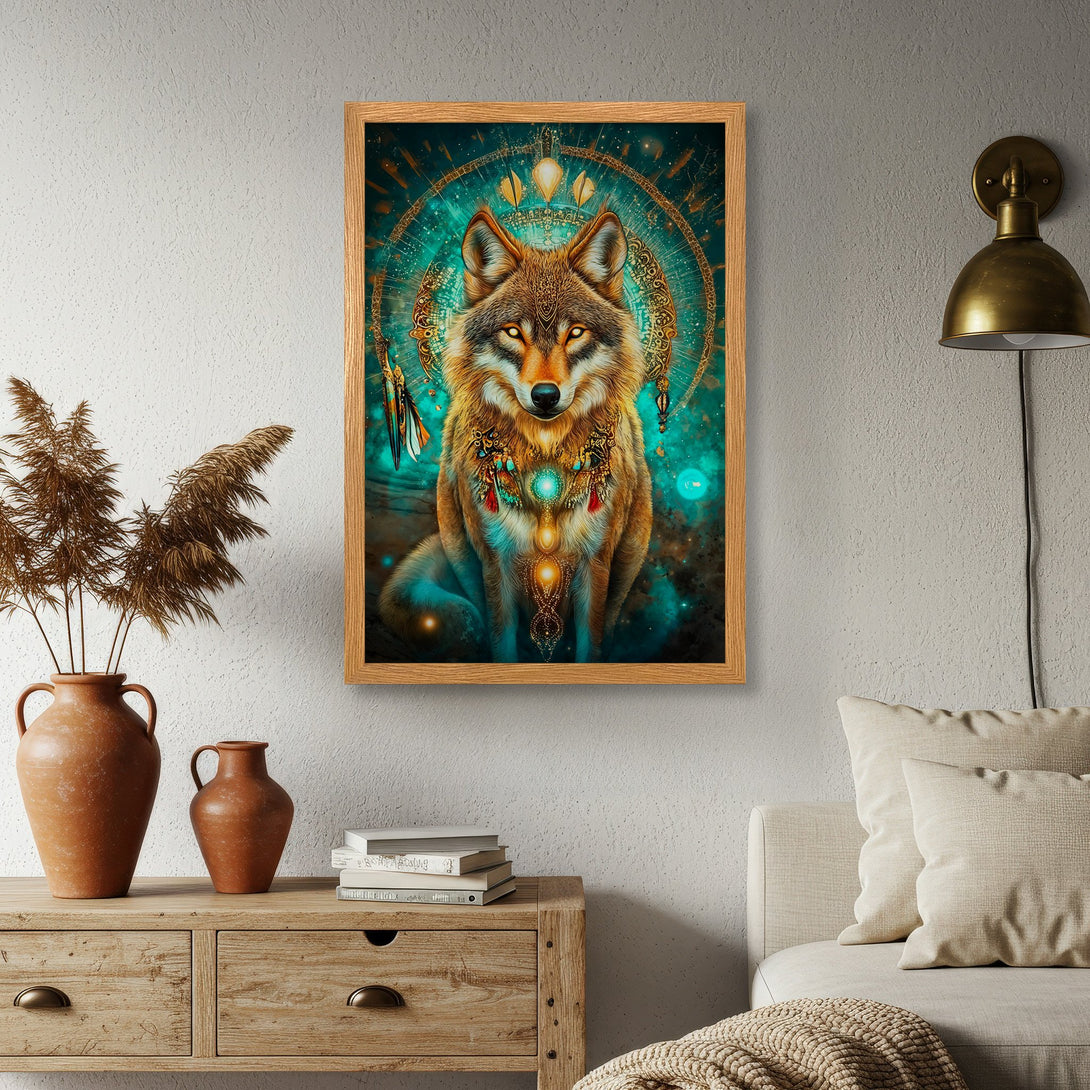 Framed Poster featuring a mystical wolf illustration in teal and gold, perfect for adding a touch of art to your space.