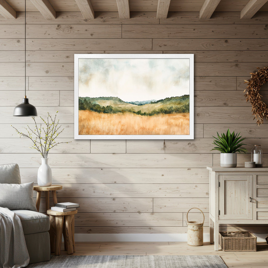Framed Poster featuring a watercolor landscape in warm earth tones, perfect for adding a touch of nature to your home decor.