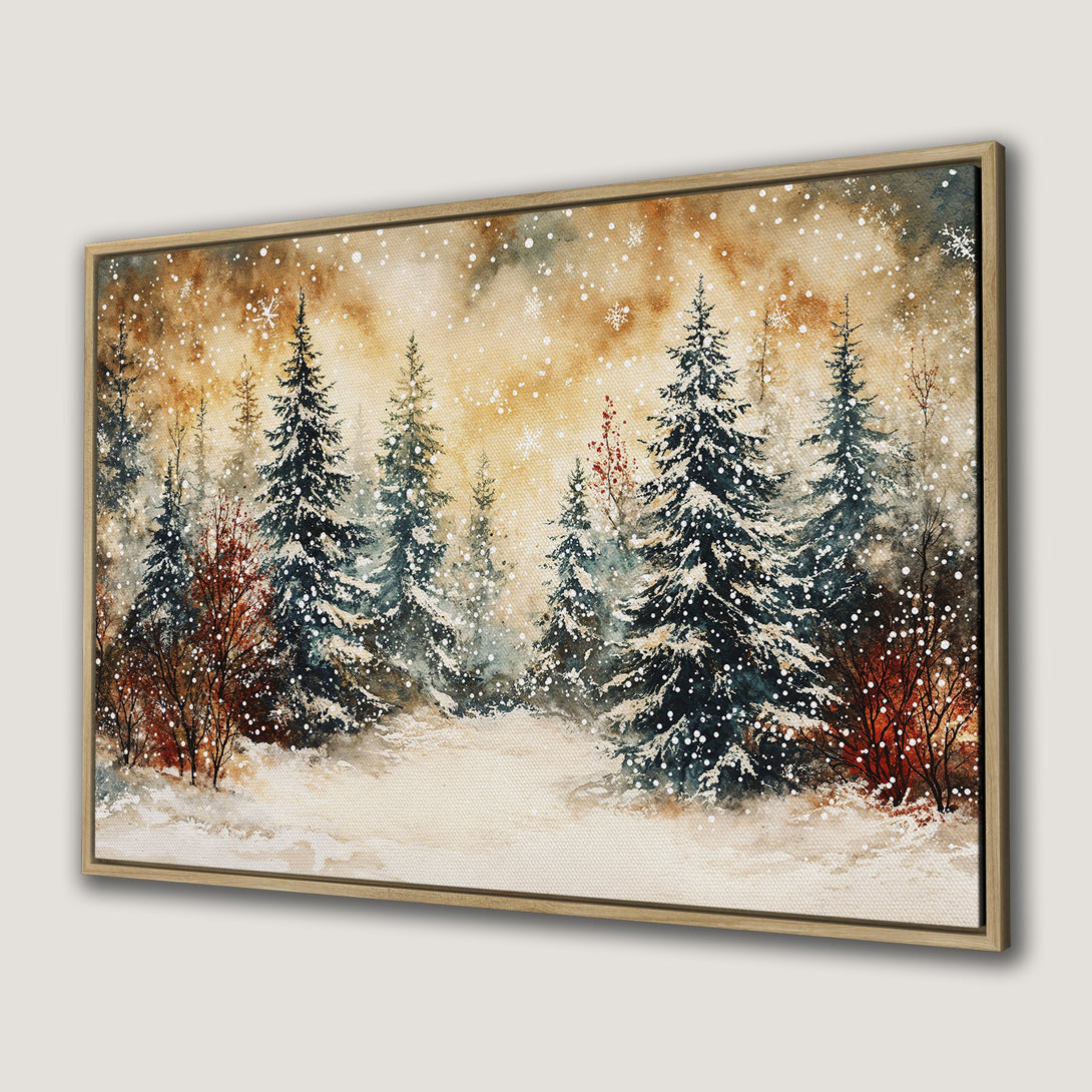 Canvas Print of a winter forest scene in watercolor style with a warm, neutral color palette. Perfect wall art for a cozy home.