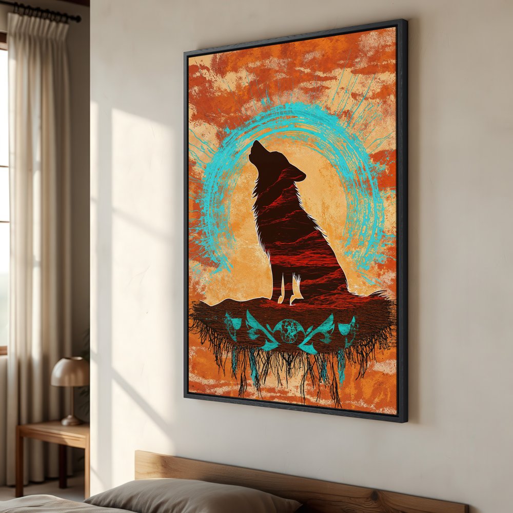 Framed Wall Art: Wolf silhouette howling against a sunset. Rustic style, warm orange & teal color palette. Perfect for any room!