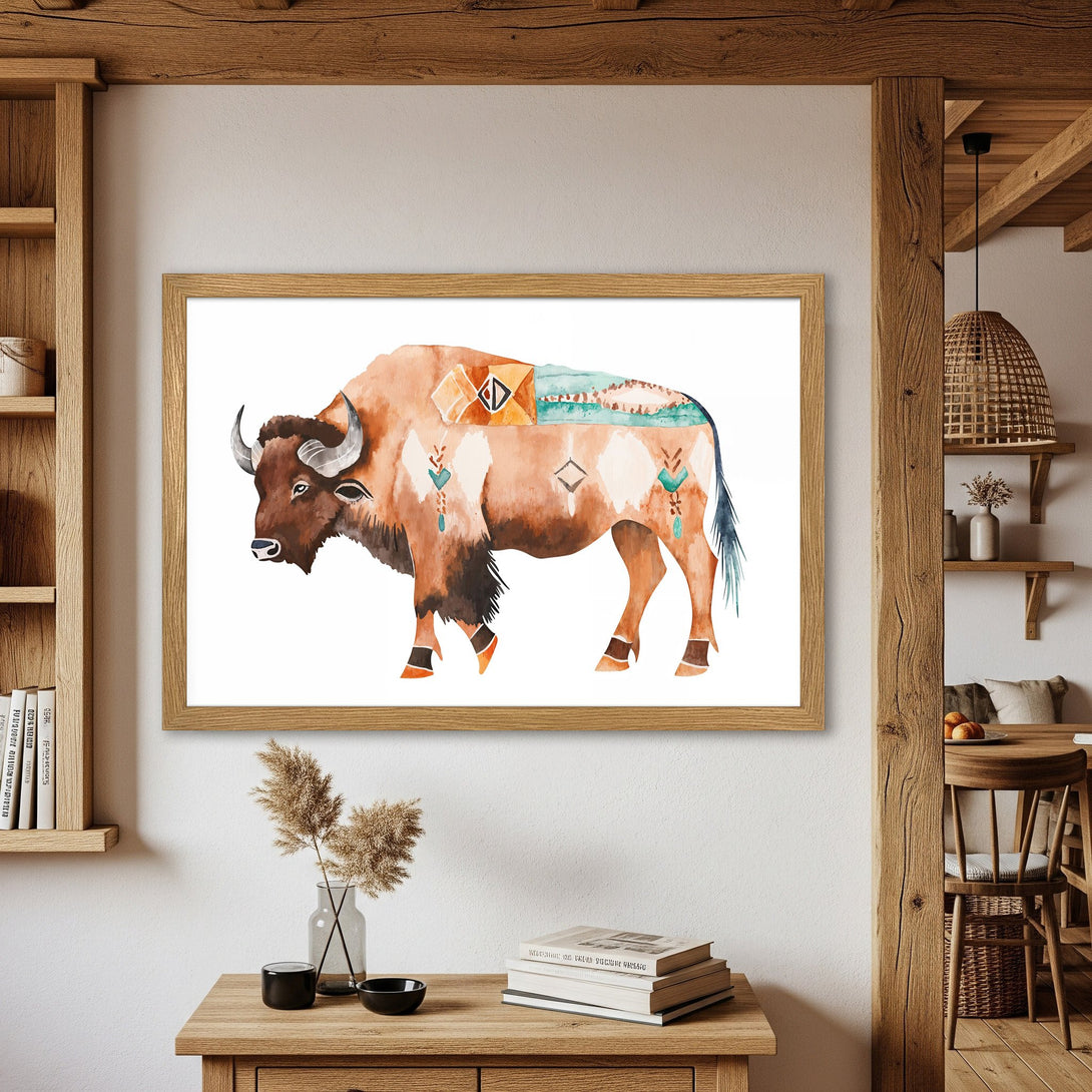 Framed Poster featuring a watercolor bison illustration in earthy tones. Rustic style art perfect for adding a touch of nature to your home.