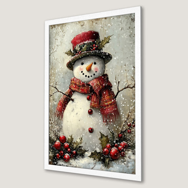 Framed Poster featuring a charming snowman in a vintage style with a red and white color palette, perfect for Christmas decor.