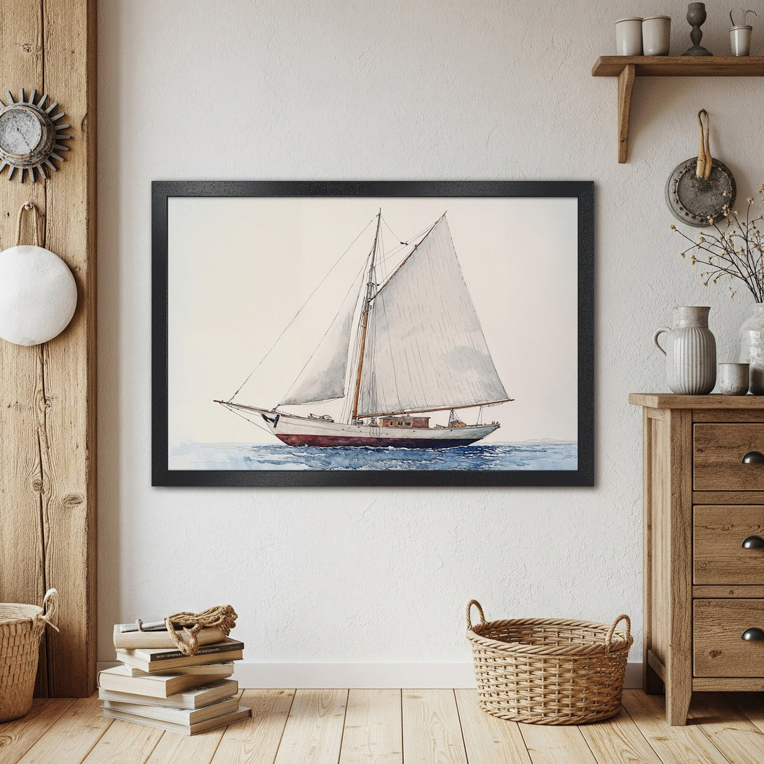 Framed Poster of a sailboat watercolor painting. Coastal style art with a neutral color palette. Perfect nautical decor.