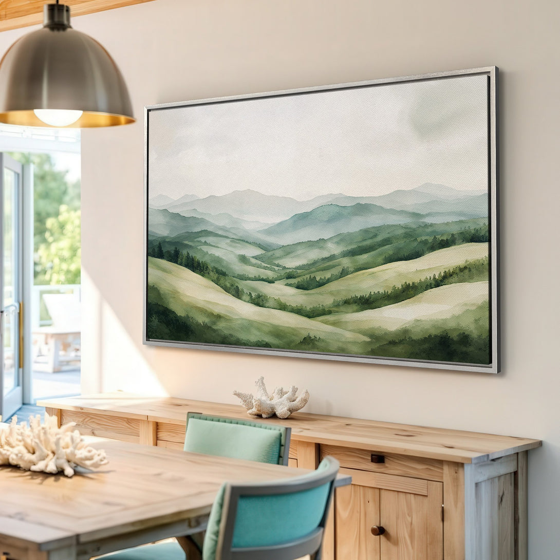 Framed Wall Art: Watercolor landscape Canvas Print in serene green and blue hues. Bring nature's beauty indoors with this calming artwork.
