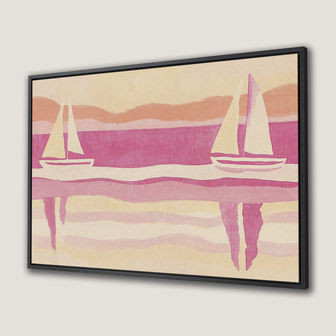 Framed Wall Art featuring sailboats on a serene sea, rendered in a watercolor style with a soft pink and beige color palette. Perfect coastal decor!
