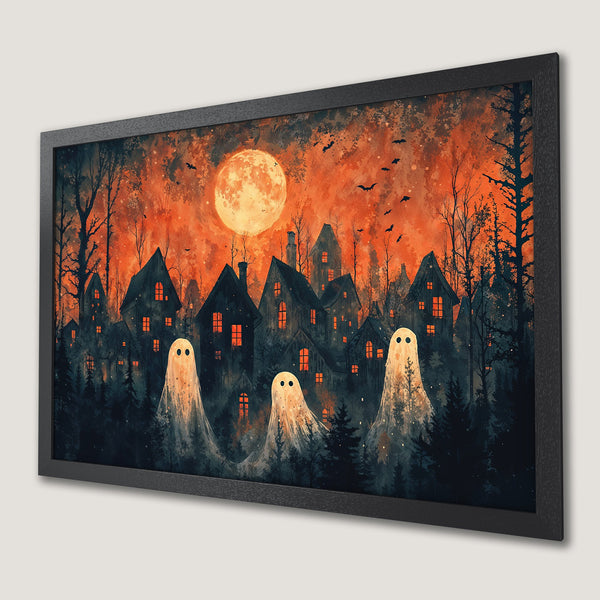 Framed Poster featuring a spooky Halloween scene with ghosts, houses, and a vibrant orange sky. Artistic style with a dark, moody color palette.
