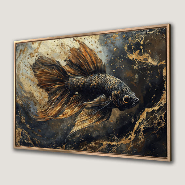 Framed Wall Art: Stunning betta fish canvas print in a dark, gold, and bronze color palette. Perfect for adding elegance to your home decor.