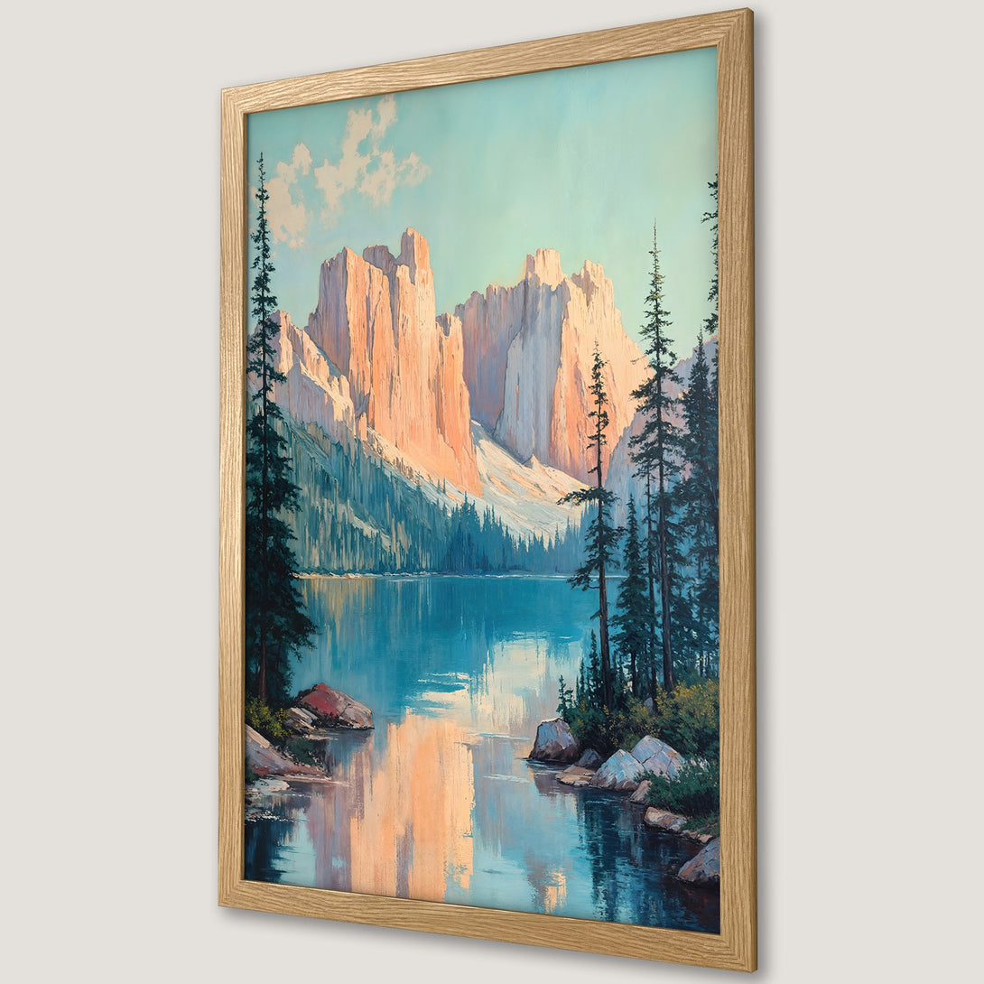 Framed Poster of a serene mountain lake landscape in a painterly style with a calming blue and peach color palette.
