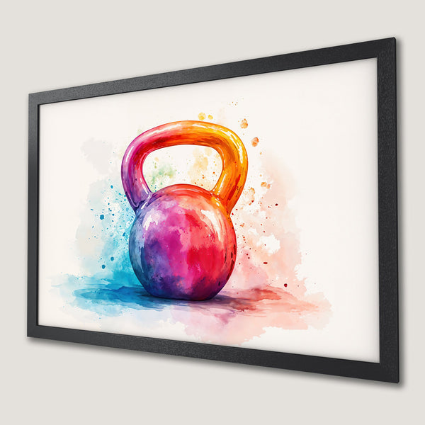 Framed Poster of watercolor kettlebell art, vibrant rainbow colors, perfect for gym decor.
