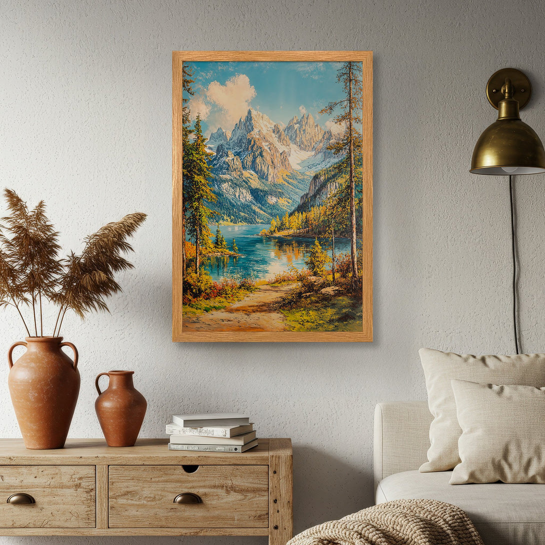 Framed Poster of a mountain lake landscape in a classic style, featuring a blue, green, and yellow color palette. Perfect wall art!