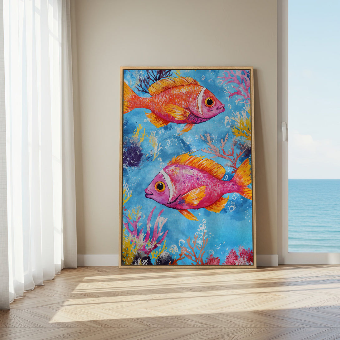 Framed Wall Art featuring vibrant fish painting with a blue, orange, and pink color palette. Perfect for coastal decor!