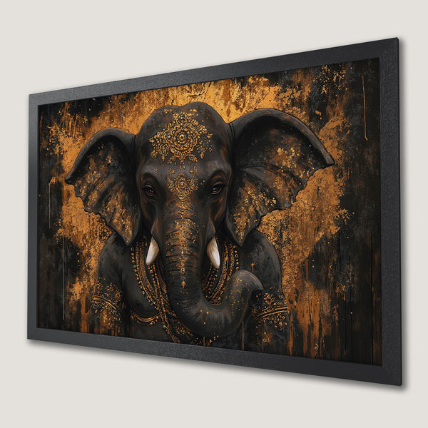Framed Poster of an elegant elephant with gold accents on a black and gold background. Perfect wall art for your home!