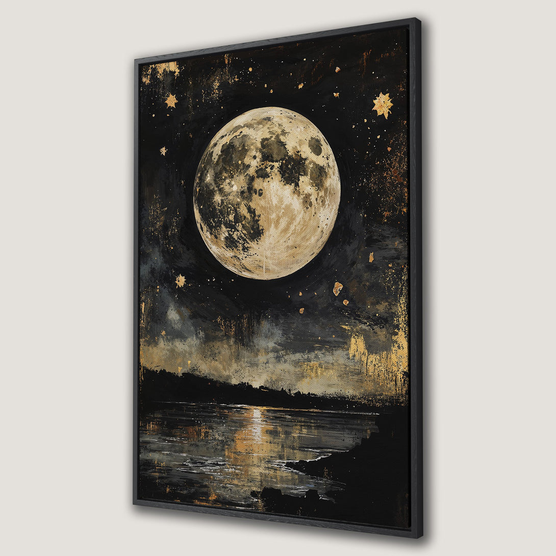 Framed Wall Art: Abstract night landscape with a full moon, dark blues, blacks, and gold accents. Perfect for adding a touch of celestial beauty to your home.
