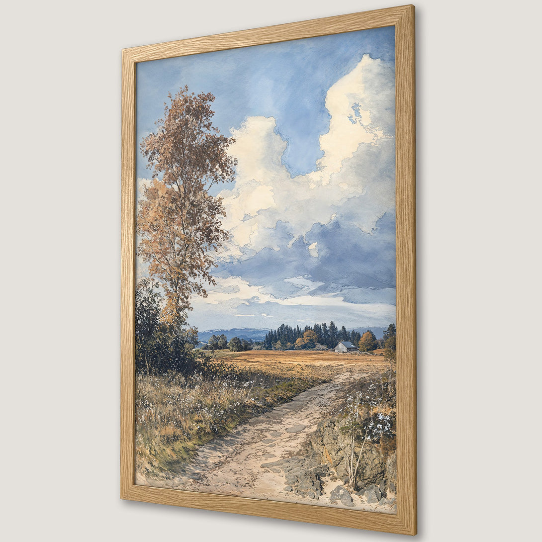 Framed Poster of a serene landscape painting in watercolor style. Features a path, tree, and sky with a neutral color palette. Perfect wall art!