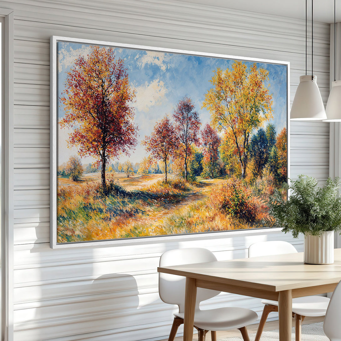 Framed Wall Art: Autumn landscape canvas print featuring vibrant trees in a warm, inviting color palette. Perfect for adding a touch of nature to your home.