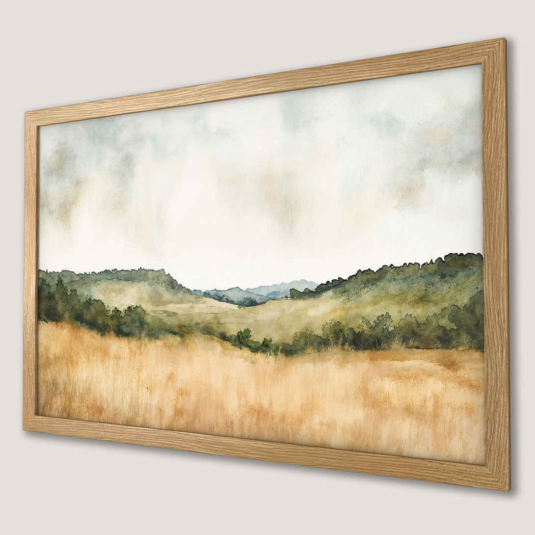 Framed Poster featuring a watercolor landscape in earthy tones. Add serene art to your space with this beautiful poster.
