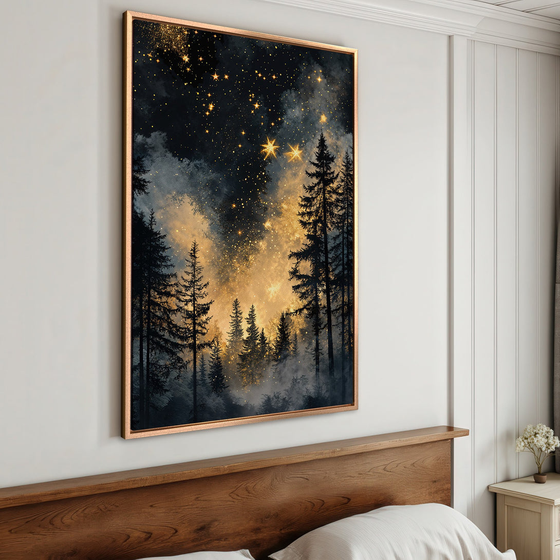 Framed Wall Art: Forest scene with starry night sky. Dark blue, gold and black color palette. Perfect for bedroom decor.