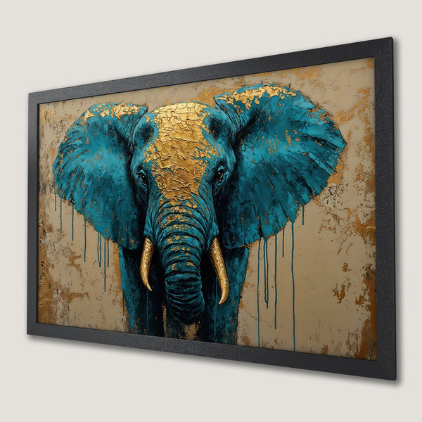 Framed Poster featuring an elephant in a modern, abstract style with teal and gold accents on a neutral background. Add artistic flair to your space!